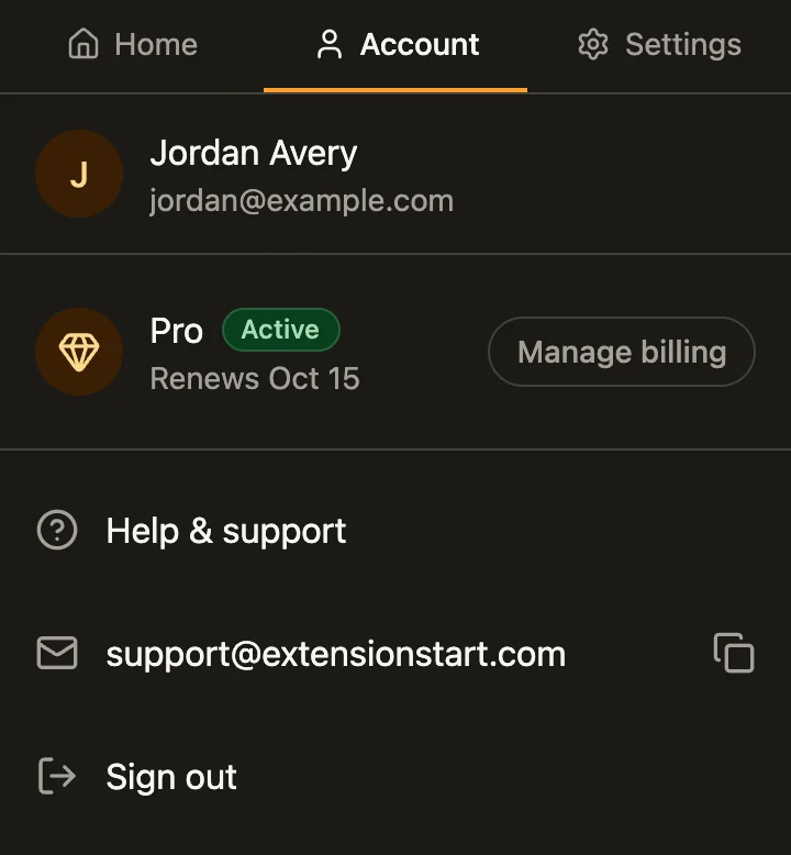 Account screen, dark theme