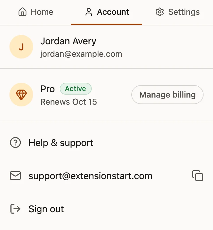 Account screen, light theme