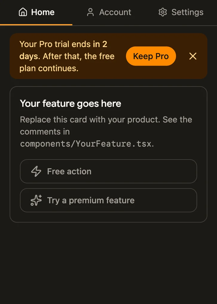 Side panel screen, dark theme