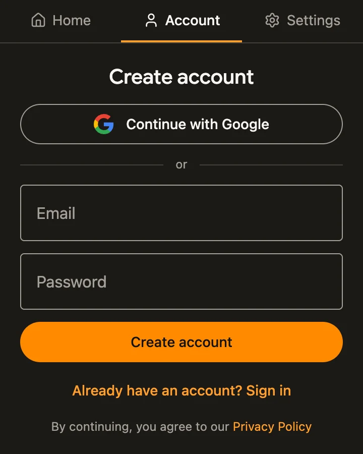 Sign in screen, dark theme
