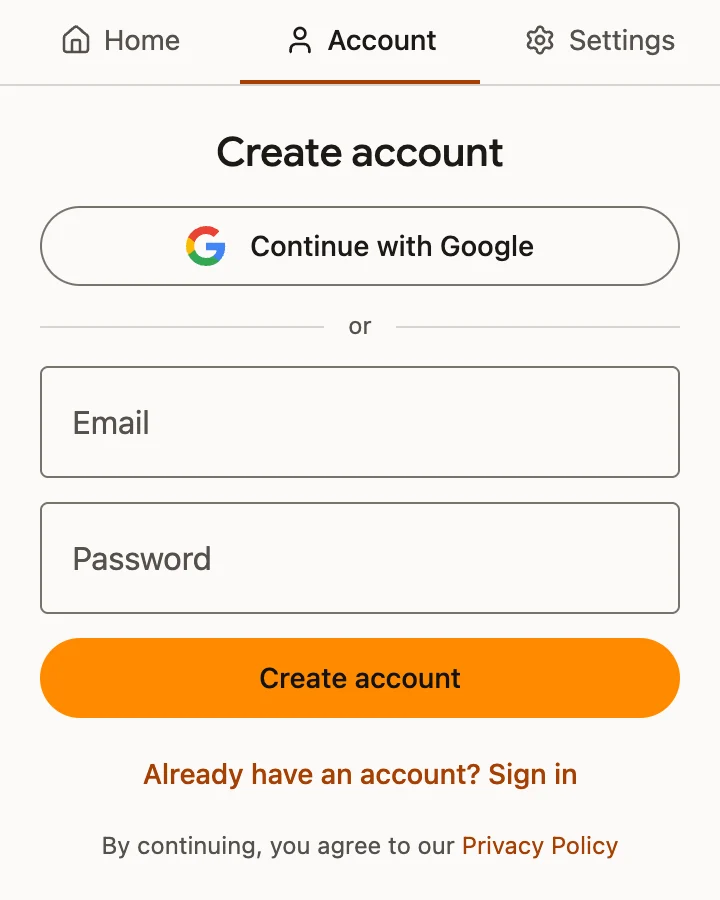 Sign in screen, light theme