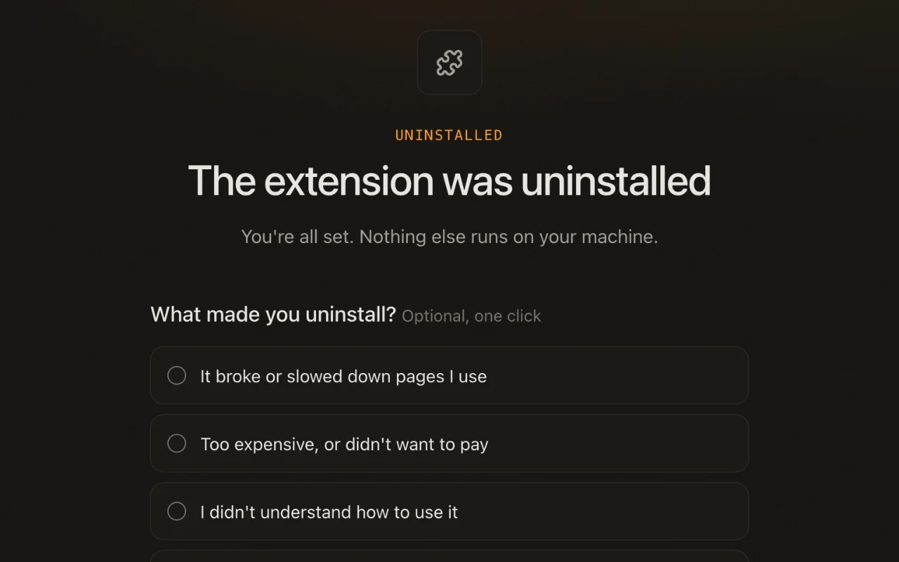 Uninstall survey screen, dark theme