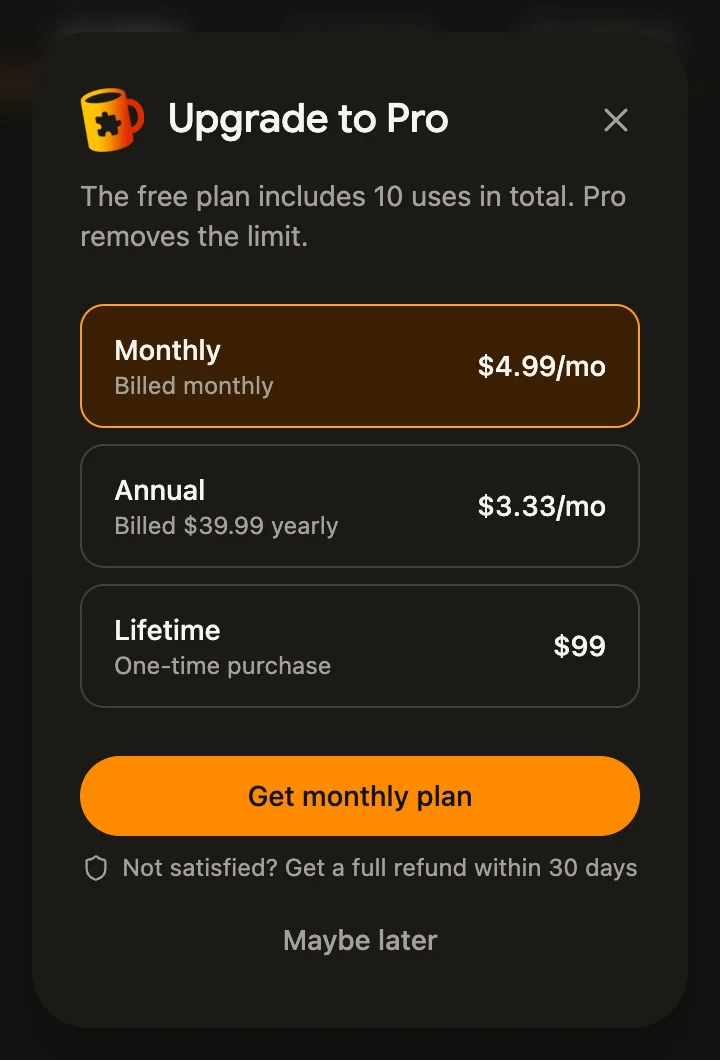 Upgrade screen, dark theme
