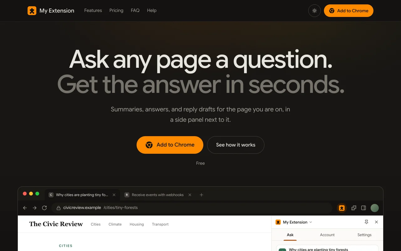 Your website screen, dark theme