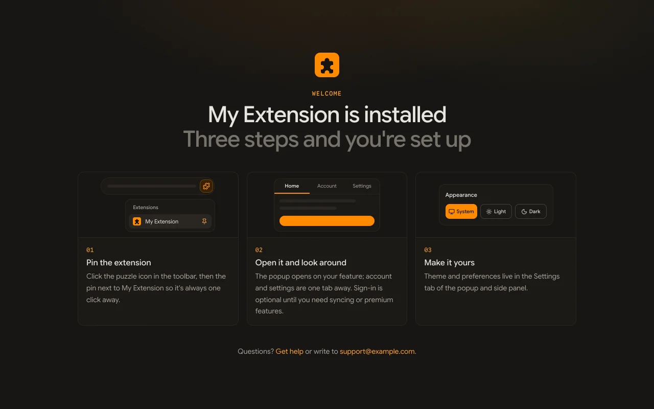 Welcome page screen, dark theme