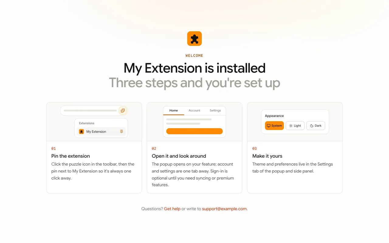 Welcome page screen, light theme
